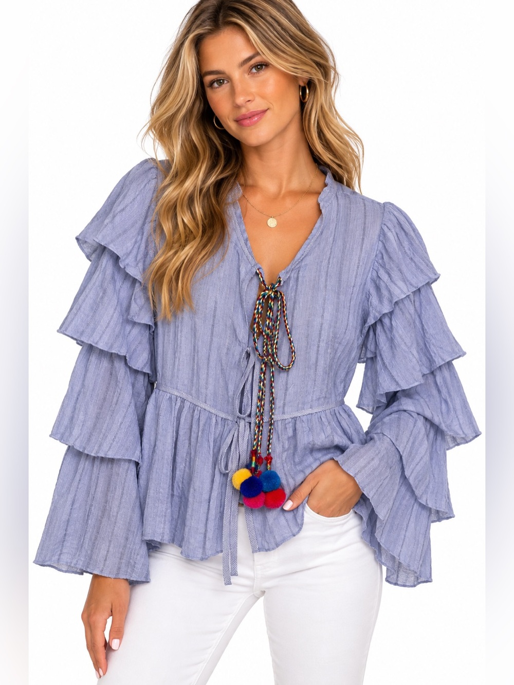 English Factory Blue Tiered Ruffle Peasant Blouse with Pom-Pom Tie Womens Small